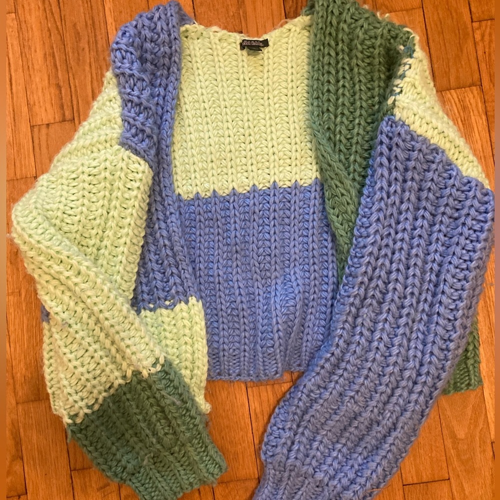Wild fable green and blue chunky knit cardigan. Size medium